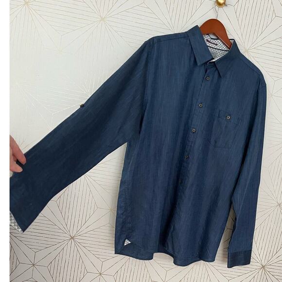 Ted Baker London Navy Blue Linen Cotton Blend Long Sleeve shirt Sz 7 (XXXL) $210 - Picture 4 of 15